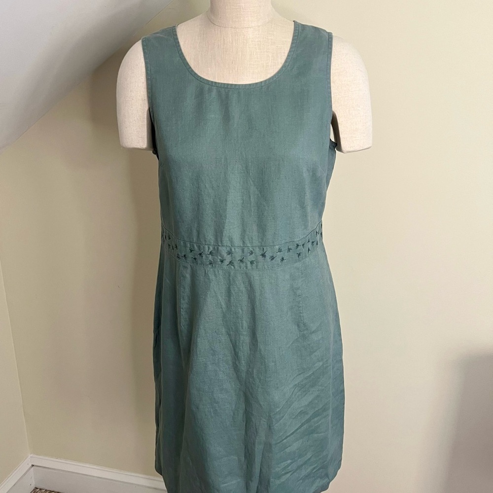 L.L. Bean Sleeveless Teal Dress with Embroidered Waist